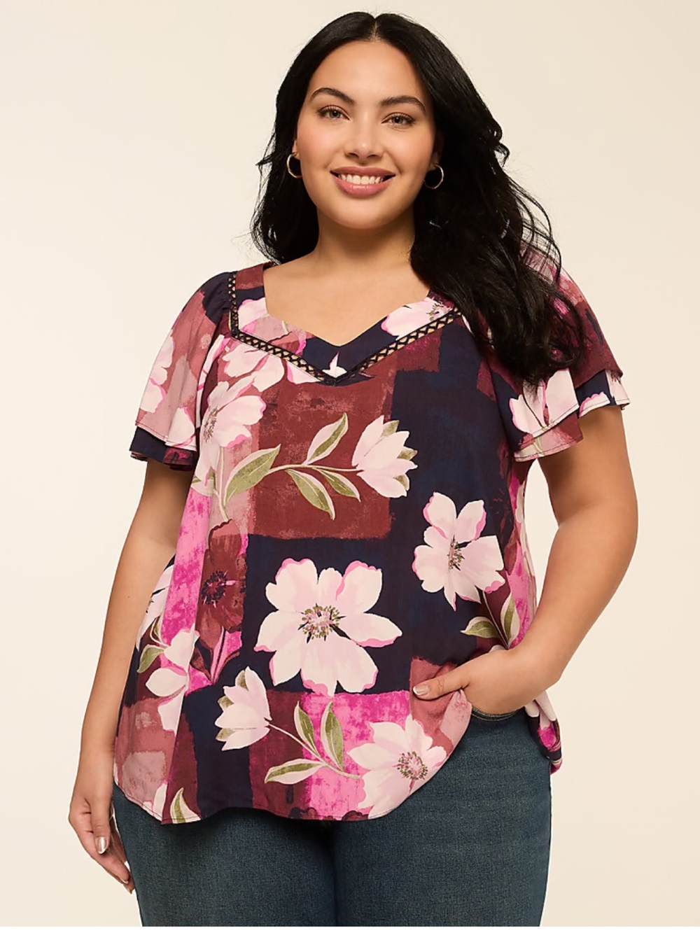 NWT Lane Bryant Swing Floral Double Flutter-Sleeve Plus Top Feminine Size 22/24